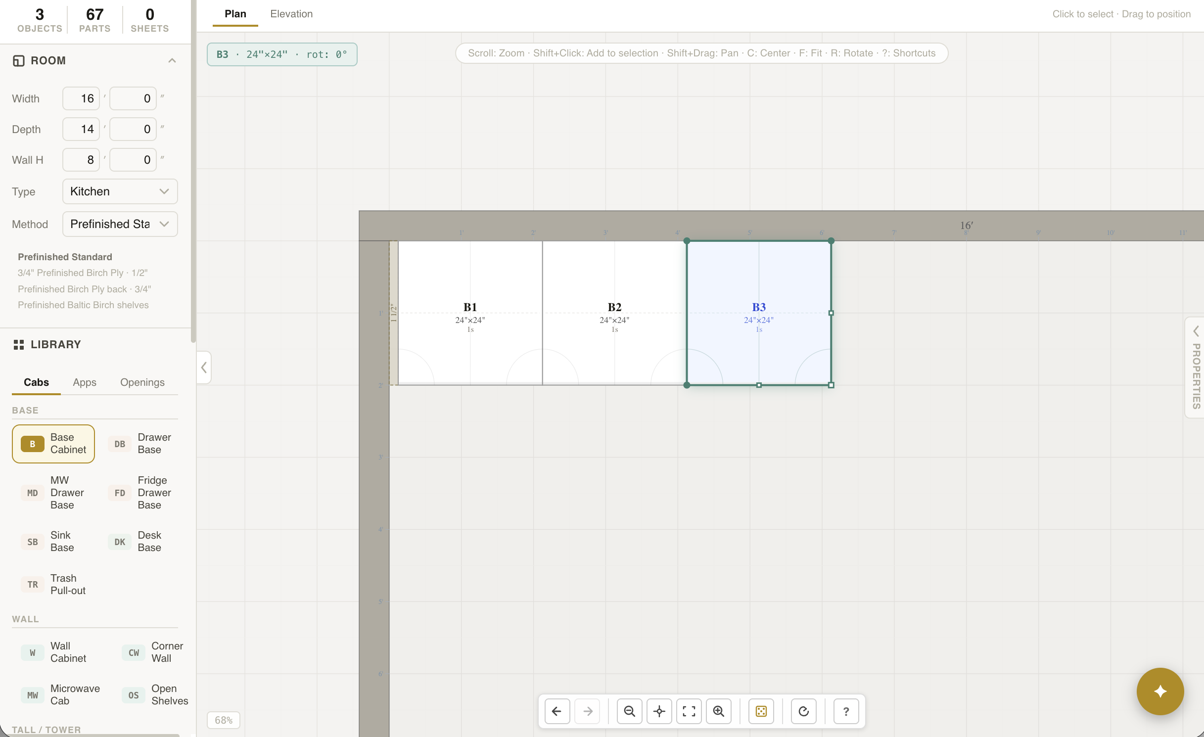 A simple Cabora plan view showing three base cabinets placed against a wall in the design canvas