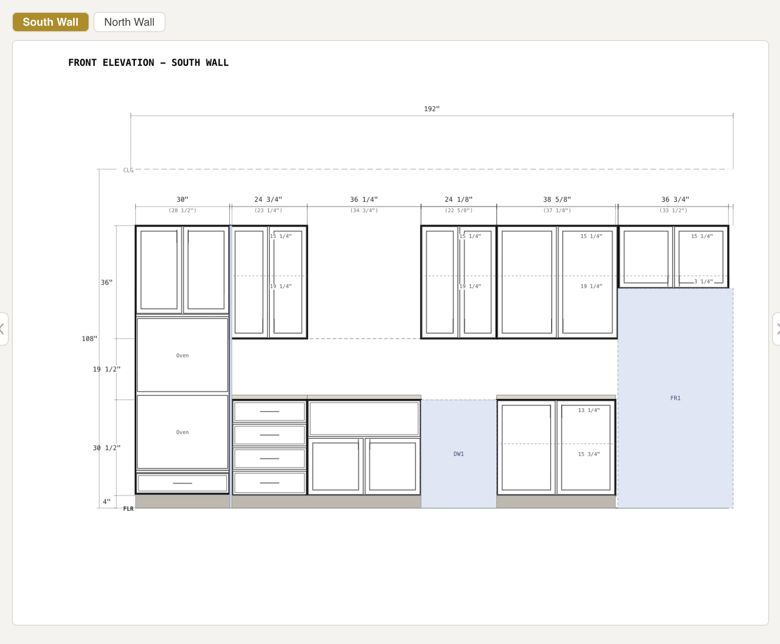 A Cabora front elevation view with labeled cabinet dimensions for a kitchen south wall