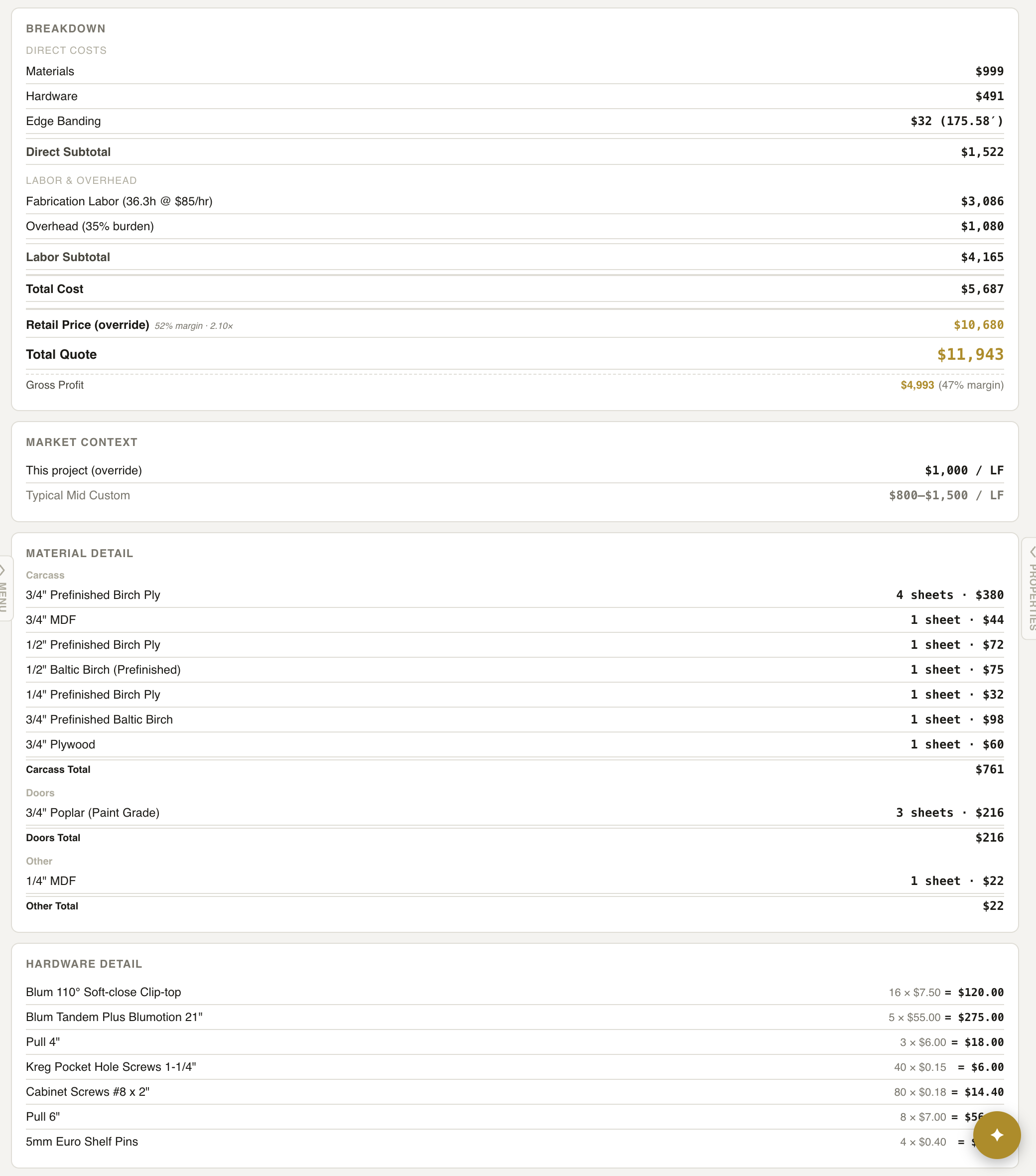 A Cabora quote breakdown with direct costs, labor, overhead, total quote, and line-item material and hardware detail