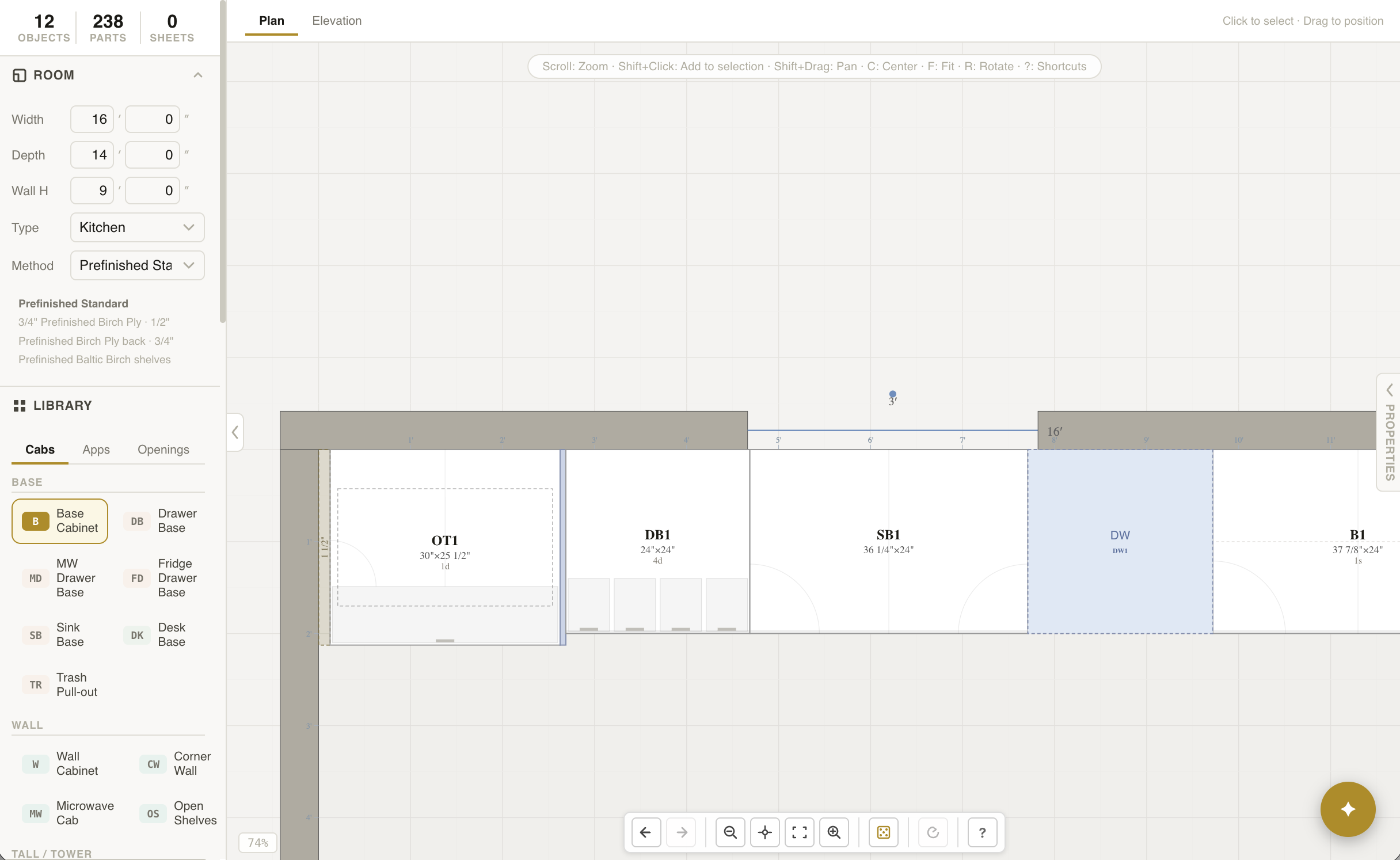 The Cabora plan view showing a kitchen cabinet run with labeled base cabinets in the design canvas